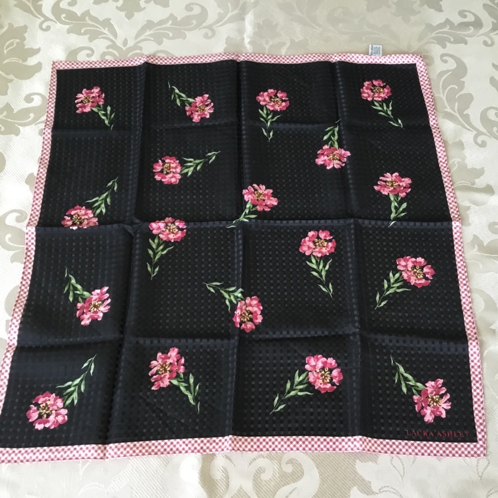 Laura Ashley 100% Silk Scarf black w/ pink florals
